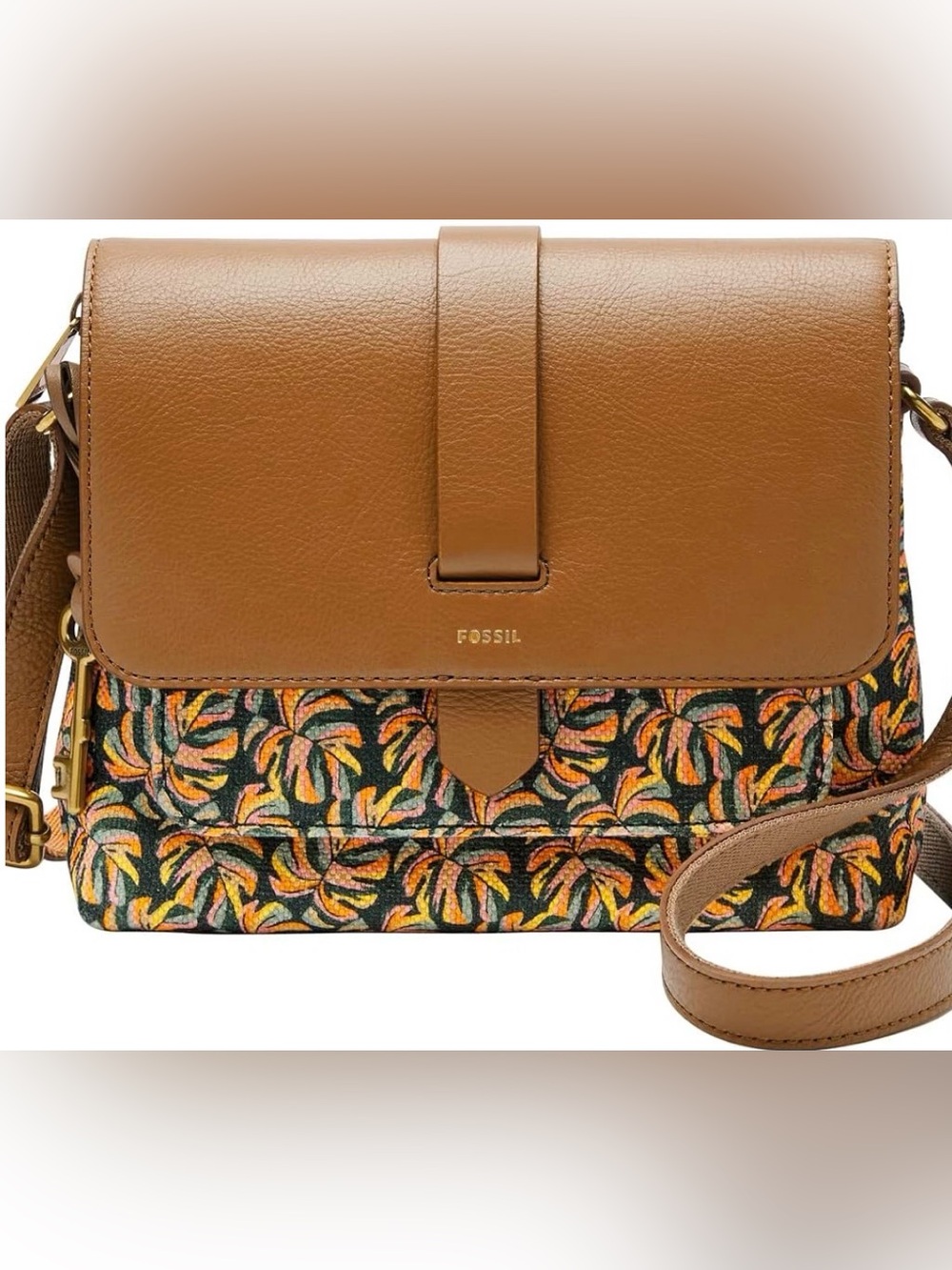 Fossil leather and cloth crossbody bag